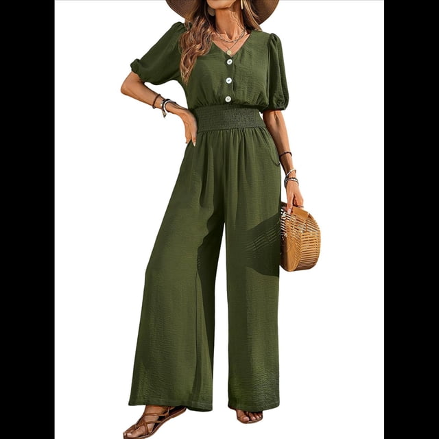 Mono de Mujer de Corta con Cuello en V, Elegante, Informal, con Pierna y Pantalones. Verde XXL