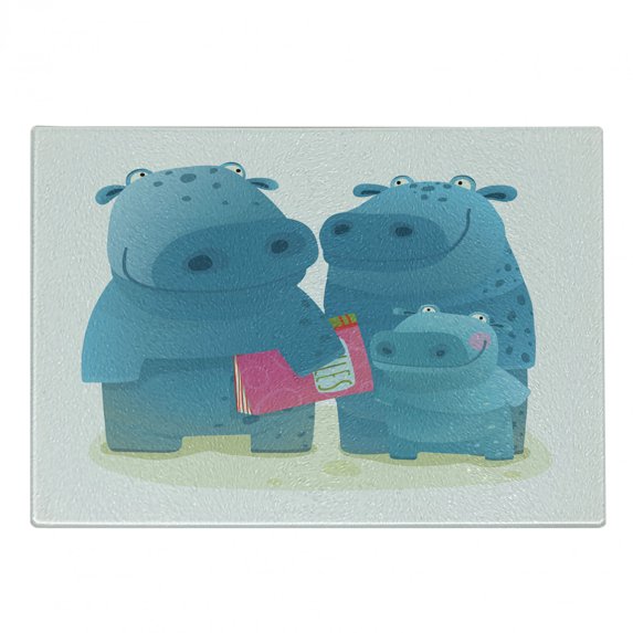 Hippo Cutting Board, Graphic Happy Hippo Family with Father Mother and Little Child on White Background, Decorative Tempered Glass Cutting and Serving Board, in 3 Sizes, by Ambesonne