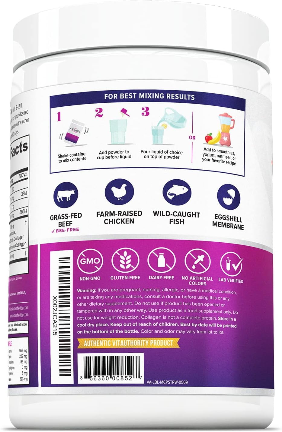 Vitauthority Multi Collagen Peptides Hydrolyzed Protein Powder with Hyaluronic Acid & Vitamin C, Strawberry, 9.7 oz