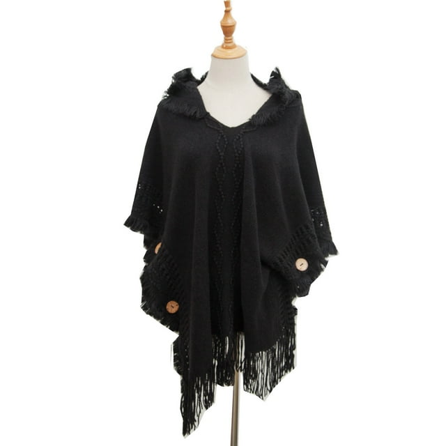 Suéter de punto bohemio para mujer, Poncho con capucha y botones de talla grande para otoño e invierno, chal de punto a cuadros, capa con borlas