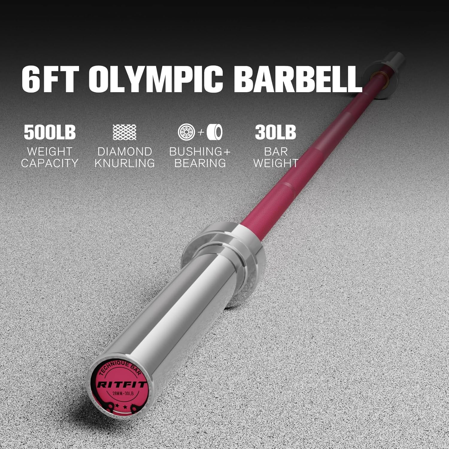 RitFit Olympic Barbell 6ft - 2 Inch Weight Bar for Strength Training, Weightlifting, Squat, Deadlift, Bench Press, Curl, Overhead Press - 500lbs Capacity