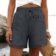 thumbnail image 4 of Pounoo Women's Shorts Elastic Waist Linen Blend Shorts Casual Daily Style Lightweight Breathable Drawstring Waist Floral Embroidered Hem Shorts Gift, 4 of 8