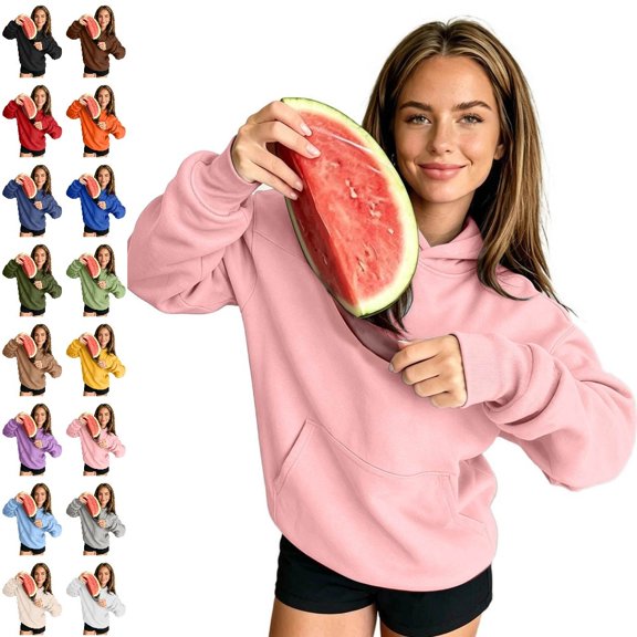 Bmisegm Womens Hoodies Pullover Drawstring Hood Long Sleeve Front Pocket Earphone Pocket Loose Drop Shoulder Solid Hoodie for Women