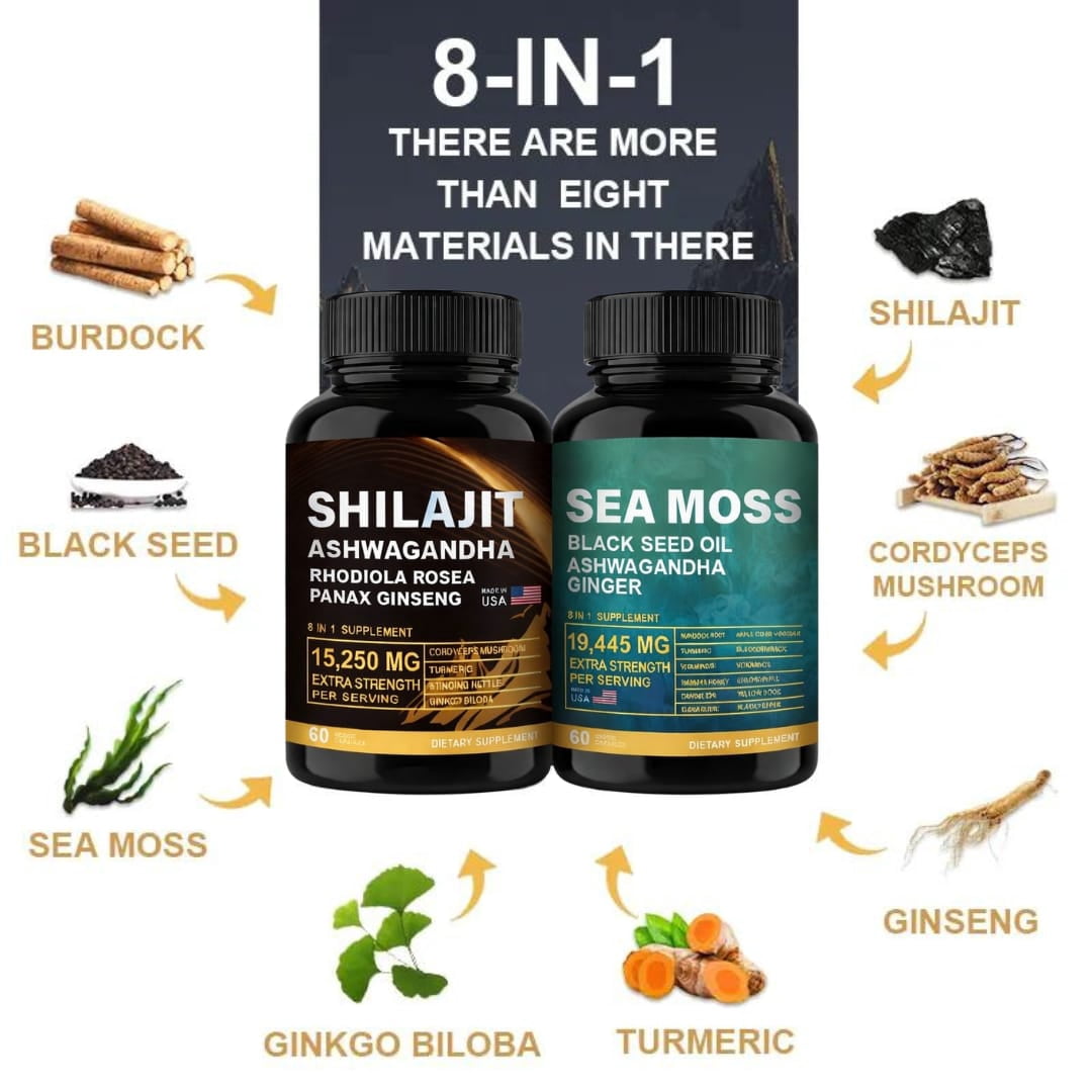 DEZEN Shilajit 15250mg & Sea Moss 19445mg - 60 Count Each with Black Seed Oil, Ashwagandha, Ginger, Rhodiola Rosea