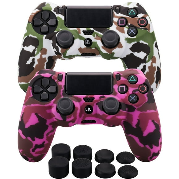 IBAOLEA Silicone Rubber Cover Skin case Anti-Slip Water Transfer Customize Camouflage for PS4/SLIM/PRO Controller x 2(White & Pink) + FPS PRO Extra Height Thumb Grips x 8 print white+pink