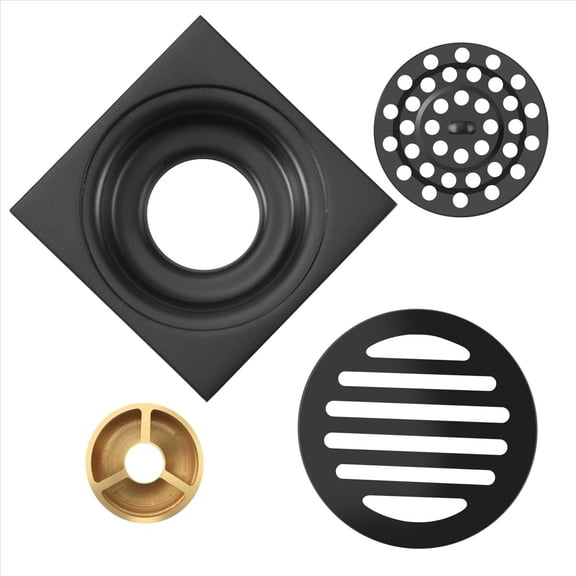 4 Inch Square Shower Drain with Removable Cover Grate, Brass Anti Clogging and Odor Point Floor Drain Assembly with Hair Catcher Strainer, Matte Black,1 * Square Shower Drain,black