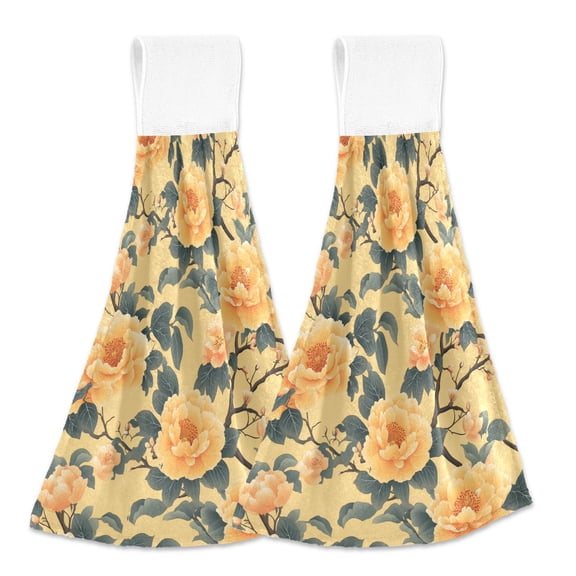 2 Pcs Kitchen Hand Towels with Hanging Loops Absorbent Soft Fast Drying Decor Bath Towels Yellow Elegant Flower