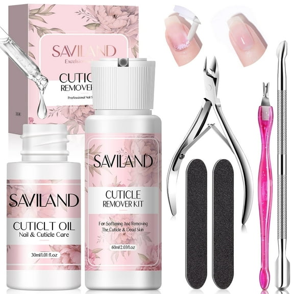 Saviland Instant Cuticle Remover Cream&Oil Kit - Moisturizing, Ultra-Fast Cuticle Remover with Gel Nail Tools