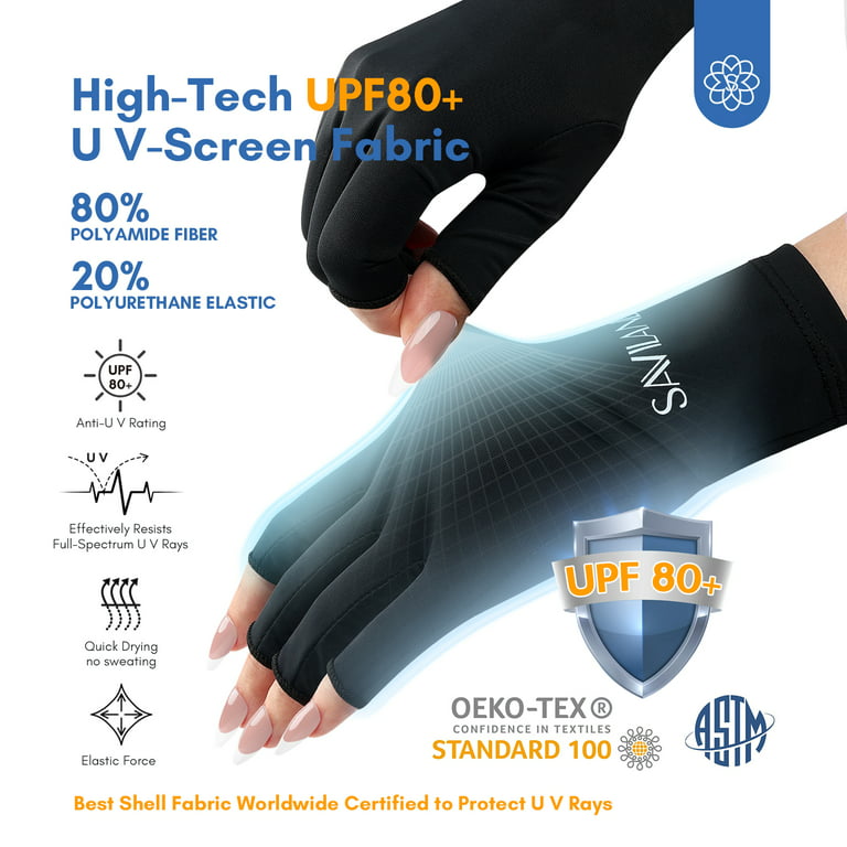 Saviland U V Gloves for Nails - Black UPF200+ Professional U V Protection Gloves for Manicures, Extra Length U V Gloves for Gel Nail Lamp U V Skin