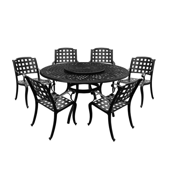Aluminum 7pc Black Round Patio Dining Set, Lazy Susan, Six Chairs