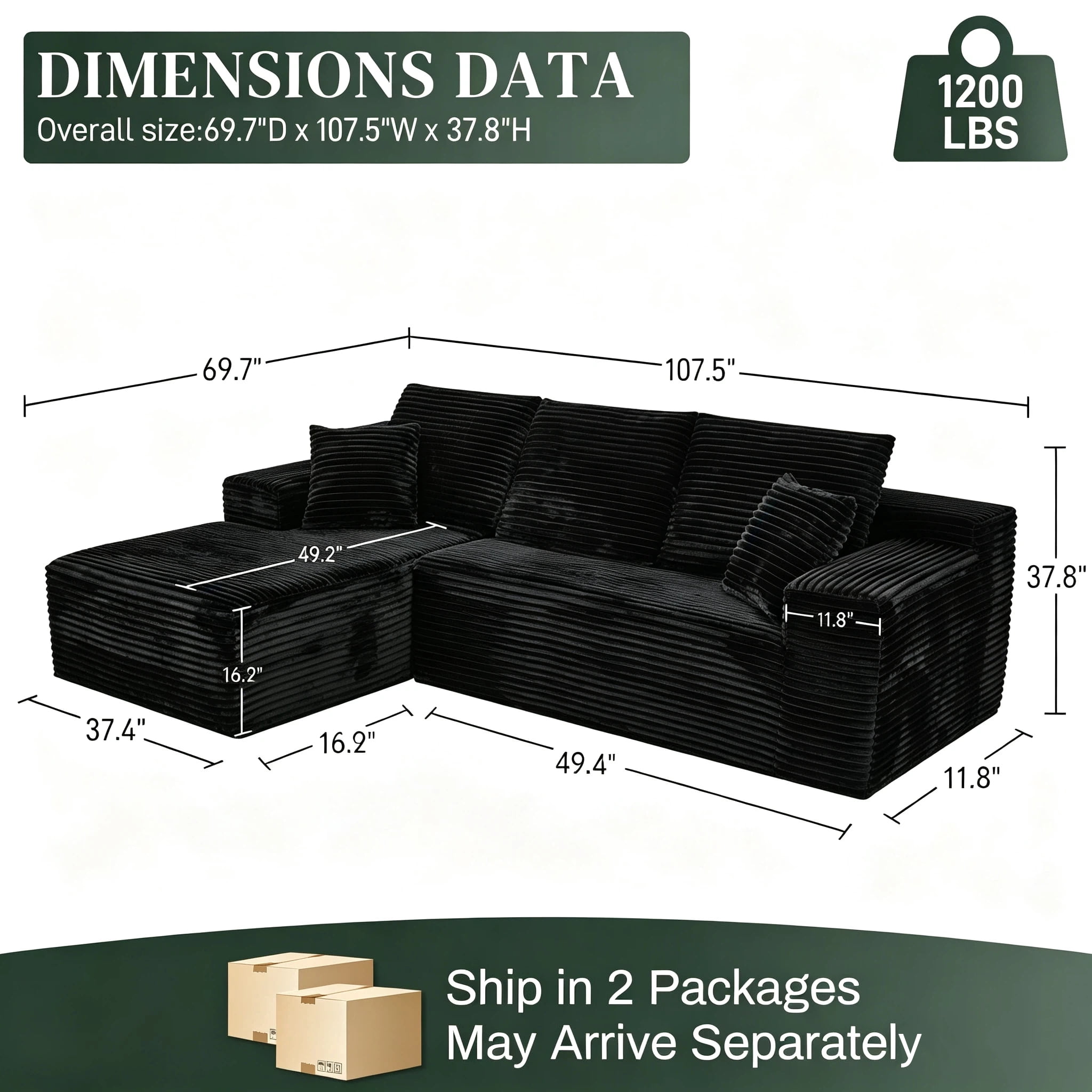 AISWORD 107.5" Corduroy Boneless L Shaped Modular Sectional Sofa with Left Facing Chaise, Deep Seat Compressed Couch with Throw Pillows, No Assembly Required, Black