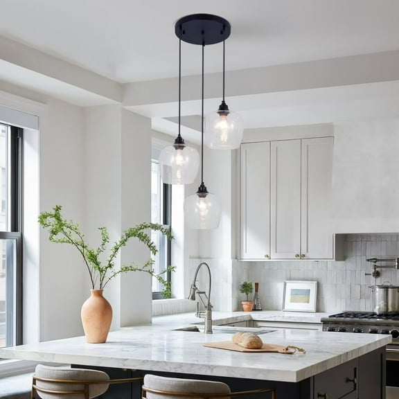 FINE MAKER Glass Chandelier, 3 Light Black Chandelier with Clear Glass Shade, Adjustable Height Modern Dining Room Chandelier Light Fixture