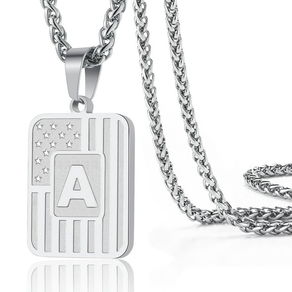 Apsvo Silver Initial Necklaces for Men Women Son Boyfriend Stainless Steel American Flag Stars Dog Tag Name Alphabet Letter Pendant Necklace Birthday Christmas Gift Jewelry 20 2 Inch Chain