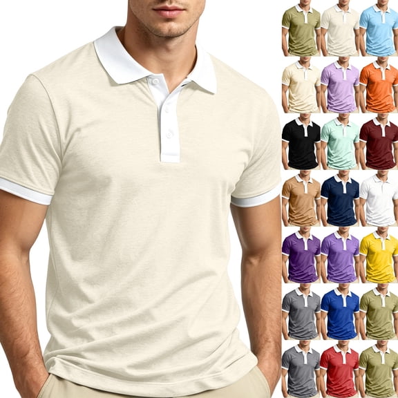 Polo Shirts for Men Solid Collared Short Sleeve Golf Shirts Classic 3 Buttons Shirts Khaki XL