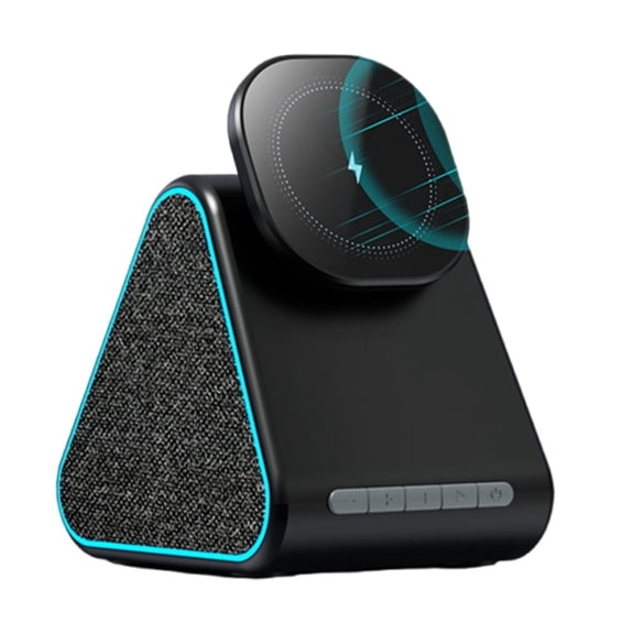 Wireless Magnetic Charging Stand Holder for iPhone Rotating Adjustable Phone Holder with Speaker & LED Light-Black
