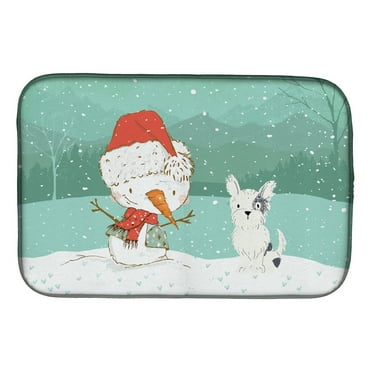 Black and White Terrier Snowman Christmas Dish Drying Mat