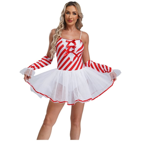 vastwit Womens Candy Cane Leotard Dance Dress with Gloves Striped Tulle Tutu Dress Red S