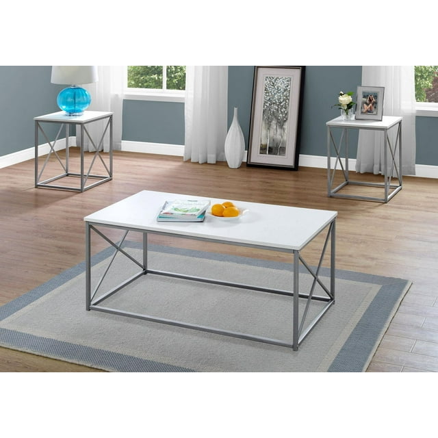 Monarch Specialties Table Set, 3pcs Set, Coffee, End, Side, Accent, Living Room, Metal, Laminate, White, Grey, Contemporary, Modern