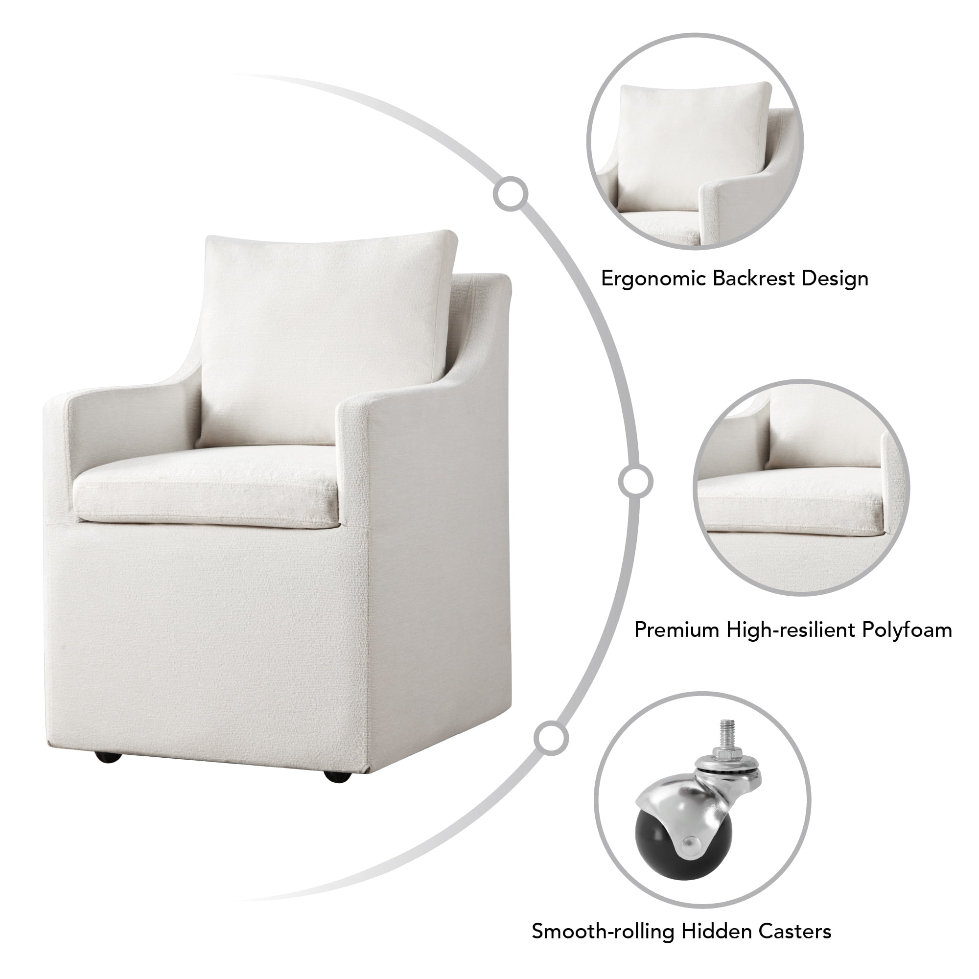 Spruce & Spring Upholstered Dining Chair with Hidden Casters, Removable Slipcover and Under-Seat Storage, Single, Ivory