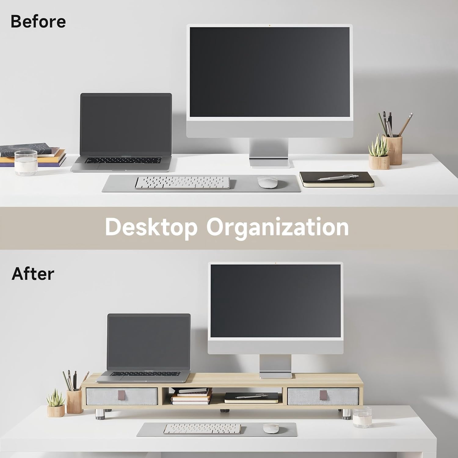 Monitor Stand, Dual Monitor Stand with 2 Drawers, Monitor Riser for 2 Monitors, Adjustable Height Computer Stand, Office Monitor Stands for Desk, Laptop, PC, TV, Printer