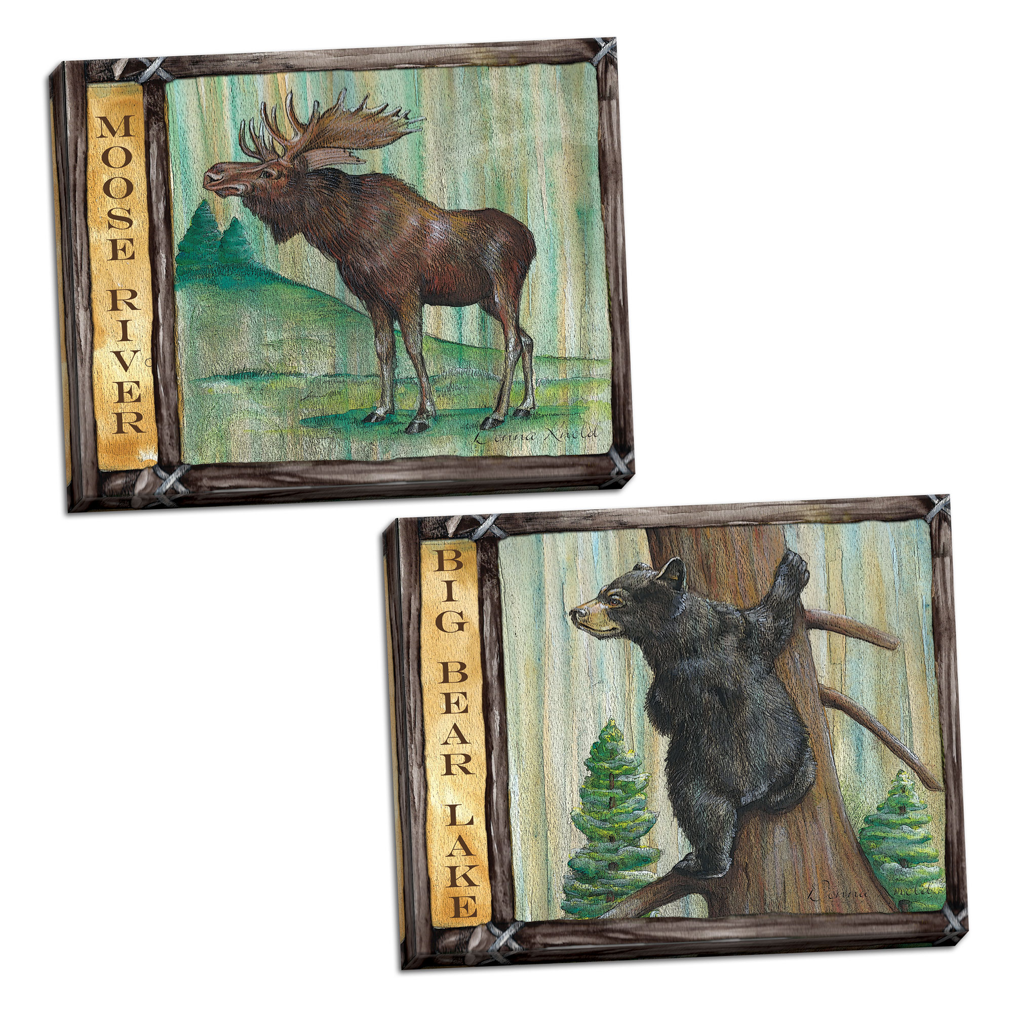 Rustic Green and Brown Cabin Moose and Bear Adult Lodge Decor; 2 14" x