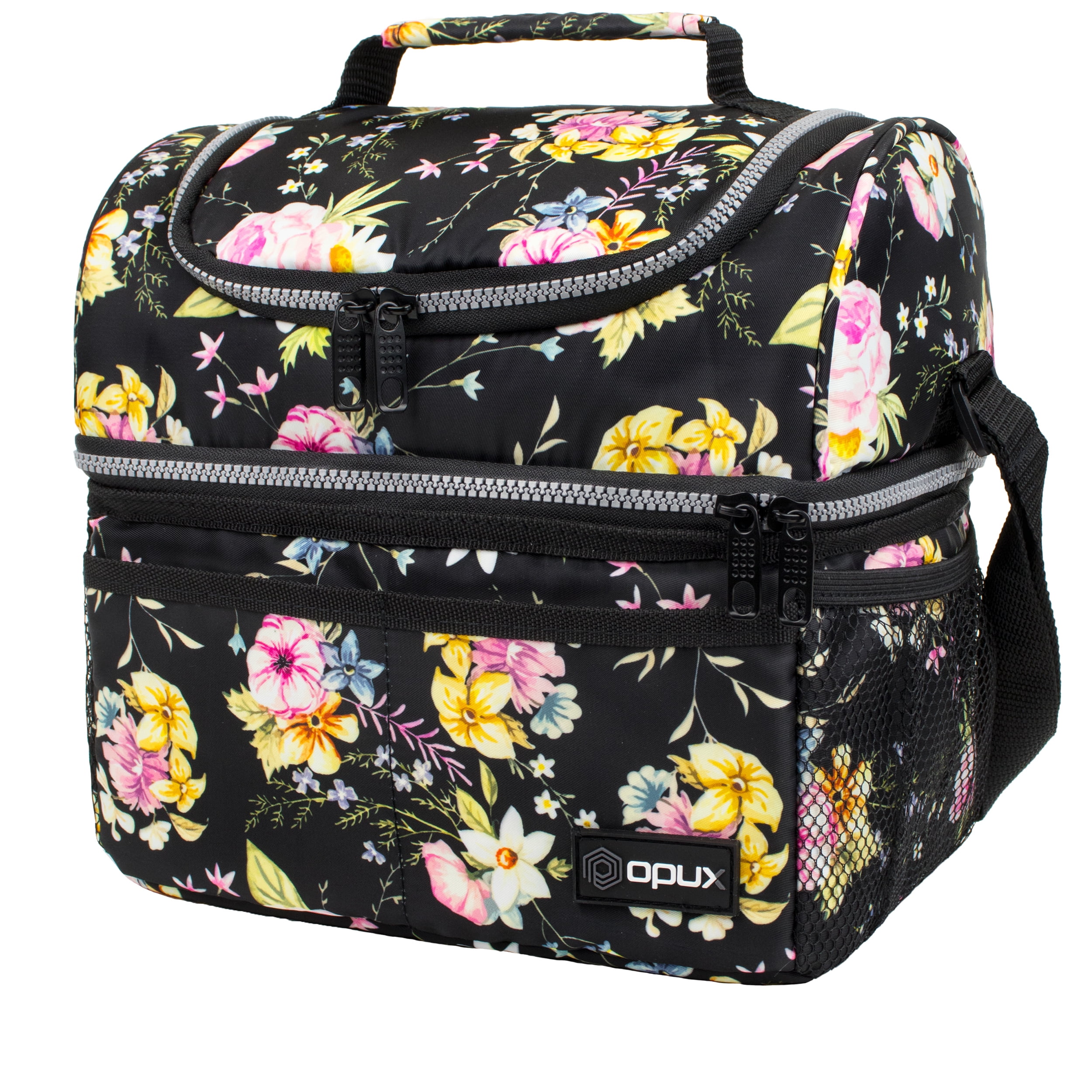 Ladies Double Deck Reusable Lunch Box Cooler with Shoulder Strap Office Medium Lunch Pail for School Leakproof Liner Insulated Dual Compartment Lunch Bag for Women Work Floral Black 