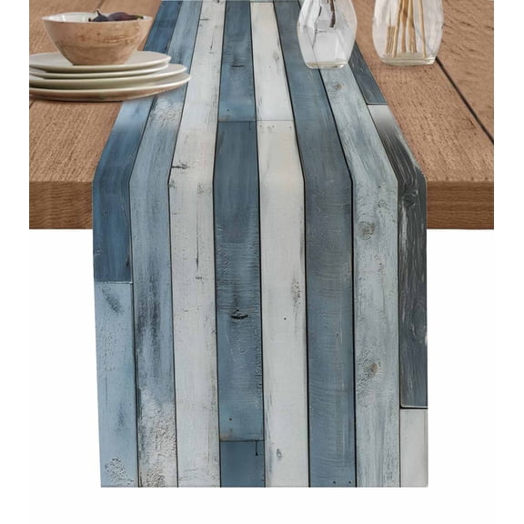 Vintage Blue Farmhouse Table Runner Cotton Linen 90 Inch Holiday Dresser Scarves, Retro Wooden Country Tablerunner for Kitchen Coffee Dining Bedroom Home Living Room Dinner Scarf Décor 13''x90''