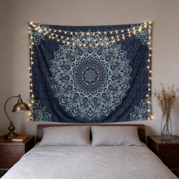 Mandala Wall Hanging Tapestry - Black and Blue Vintage Boho Wall Decor - Aesthetic Hippie Art for Living Room and Bedroom, 59"L x 51"W