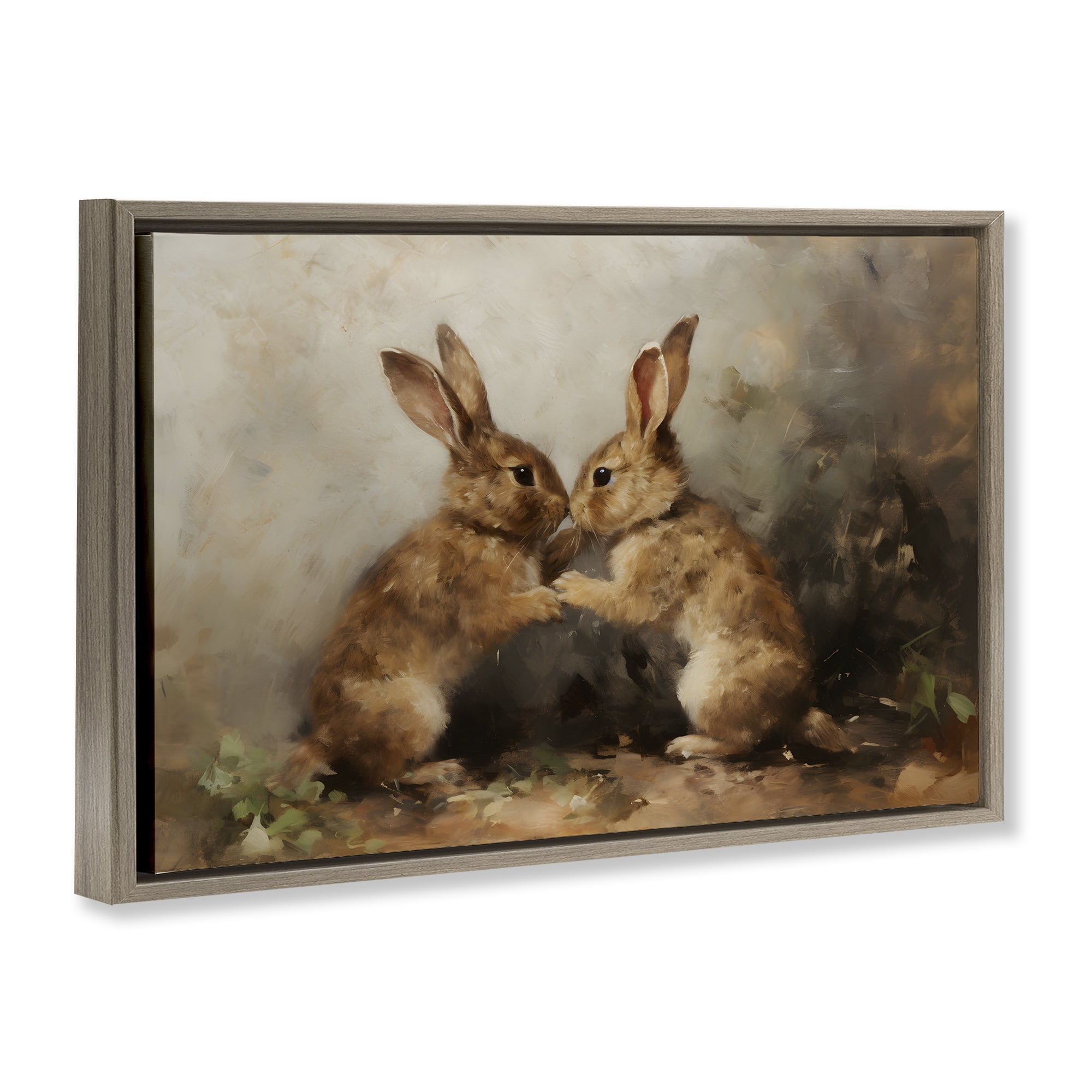 Stupell Industries Bunny Boxing Duo Animals & Insects Painting Brown Floater Framed Canvas Art Print Wall Art, 25 x 17