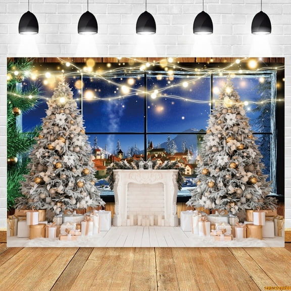 Christmas Photography Backdrop Xmas Tree Gifts Fireplace Window Snow Retro Wood Door Kids Photo Background Photostudio Props
