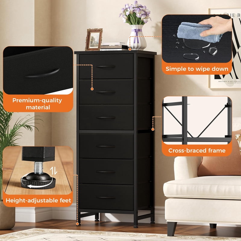 Kelno 6 Drawer Fabric Dresser Steel Frame Storage Chest Organizer with Wood Top, Black