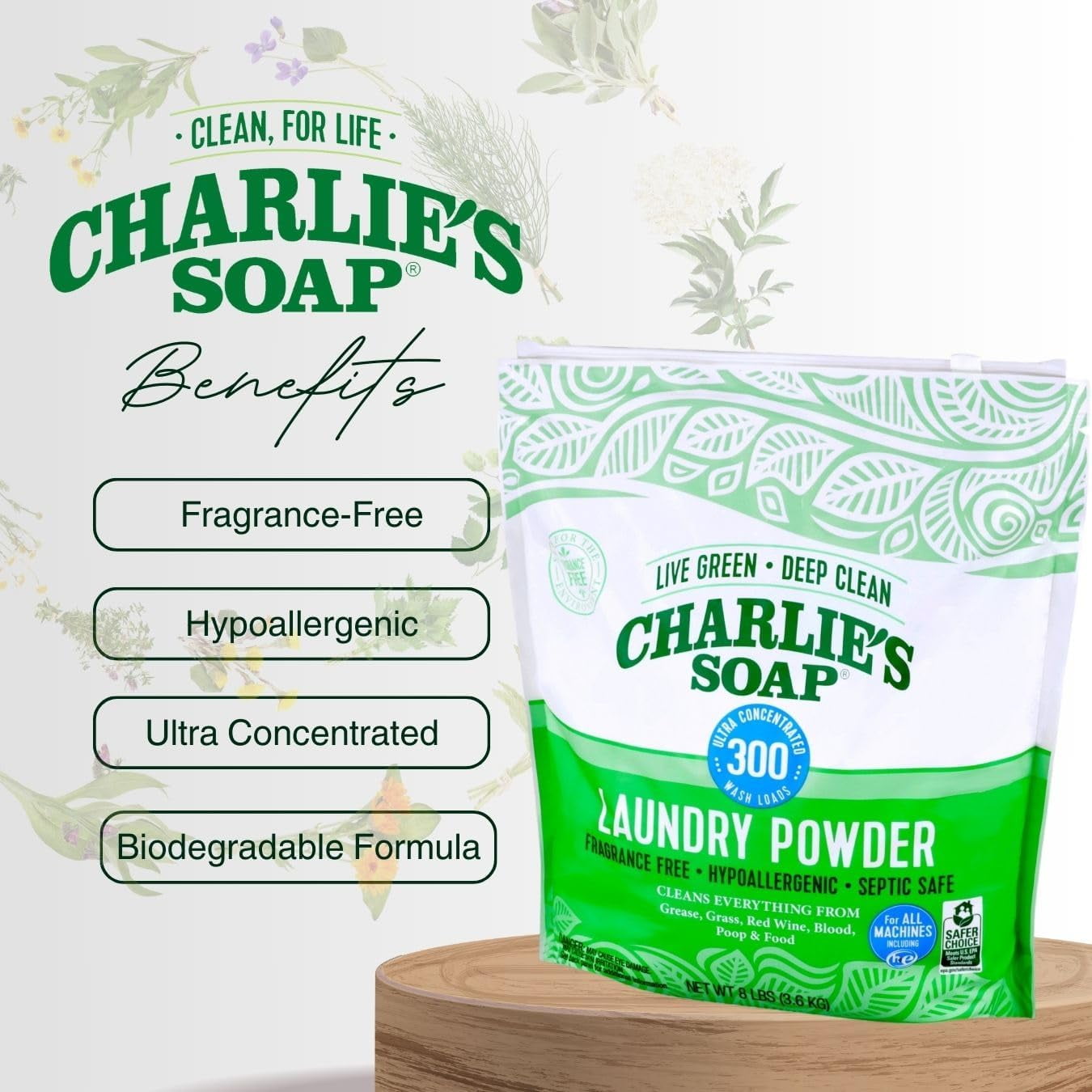 Charlie’s Soap Hypoallergenic Laundry Detergent Powder Gentle 8lb Bag