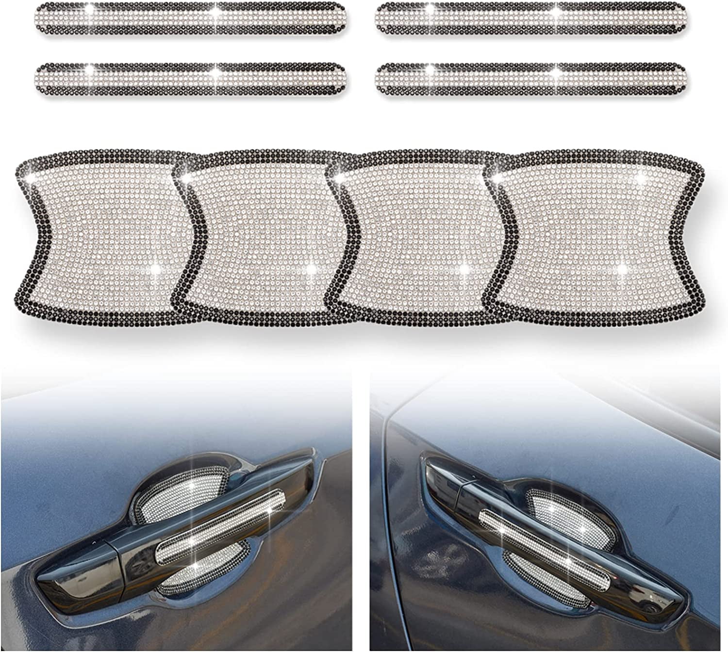 8 Pieces Shiny Rhinestone Car Door Handle Paint Scratch Protector Sticker Glitter Auto Door