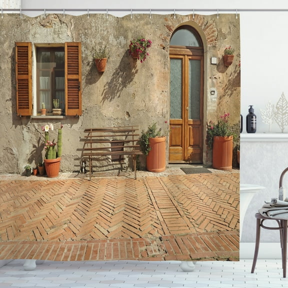 Tuscan Shower Curtain, Medieval Facade Rustic Wooden Door Brick Wall in Small Village, Cloth Fabric Bathroom Decor Set with Hooks, 69" W x 70" L, Cinnamon Tan, by Ambesonne