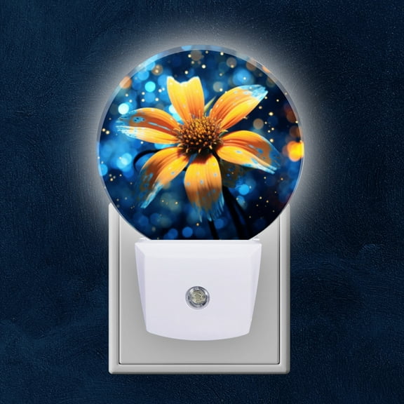 Night Light Plug into Wall,Dusk to Dawn Sensor Auto-On/Off for Bathroom, Hallway,Kids Room-Yellow Flower With Blue Petals Sparkling Lights In The Background
