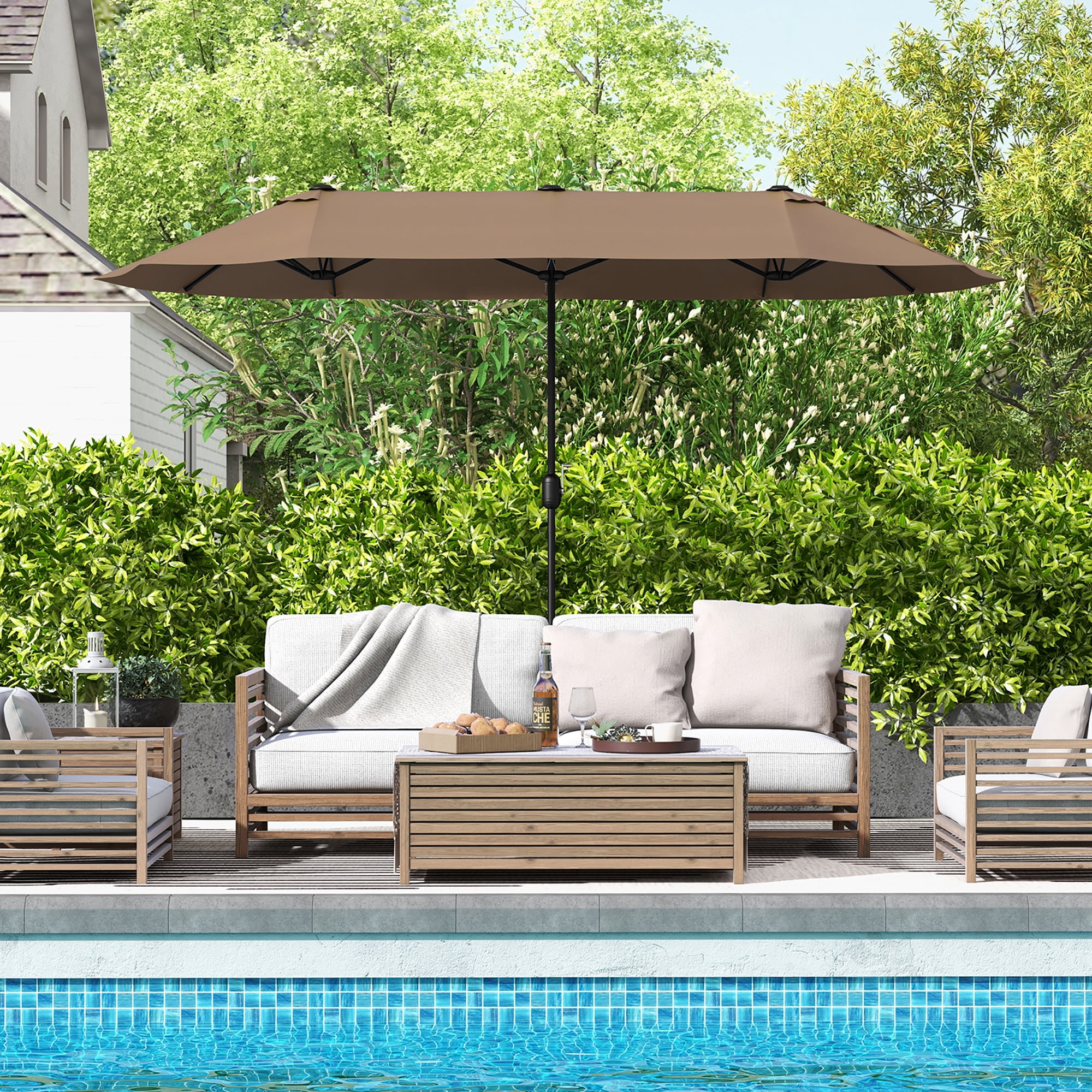 Gymax 13FT Double-sided Patio Umbrella w/ Crank Handle Umbrella Base Safety Lock Tan
