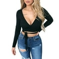 thumbnail image 1 of Womens Wrap Crop Top Deep V-Neck Knot Front Long Sleeve Basic Tee Strappy Blouse, 1 of 6
