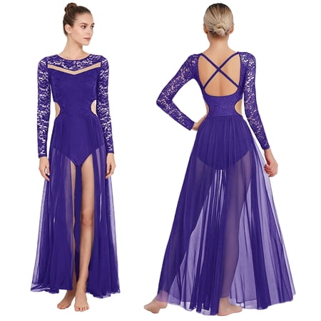 TiaoBug Women s Floral Lace Long Sleeve Lyrical Ballet Leotard Dress Flowy Mesh Modern Contemporary Dance Dress Purple XL