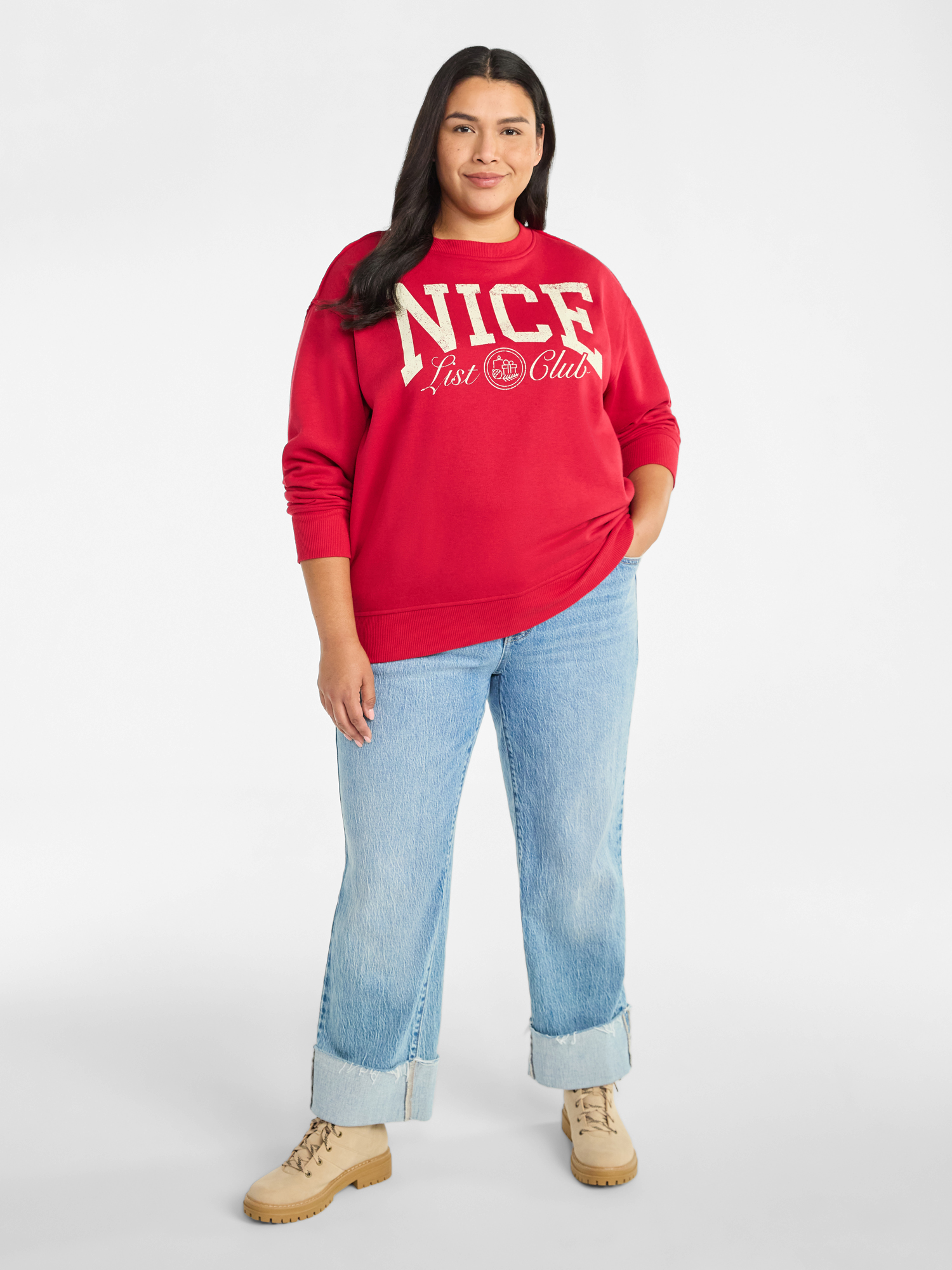 Terra & Sky Women's Plus Size Nice List Club Graphic Sweatshirt with Long Sleeves, Sizes 0X-4X