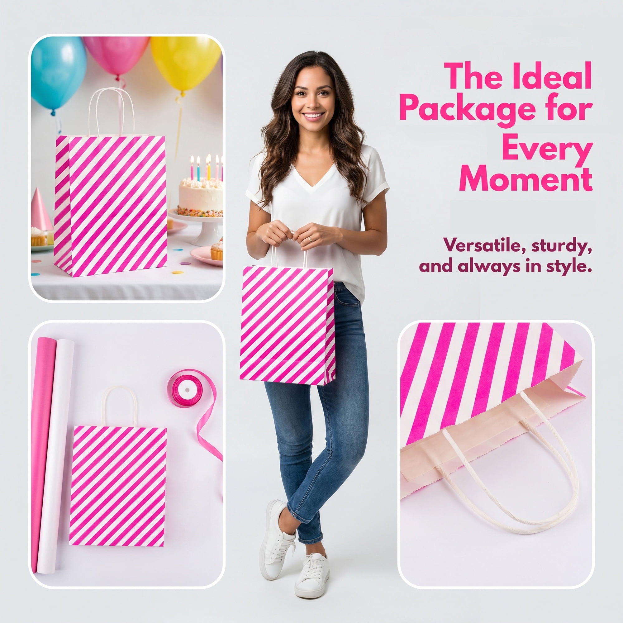 Unique Bargains 6Pcs Diagonal-stripe Gift Bag with Handles Rose Red 6.3" x 3.1" x 8.7"
