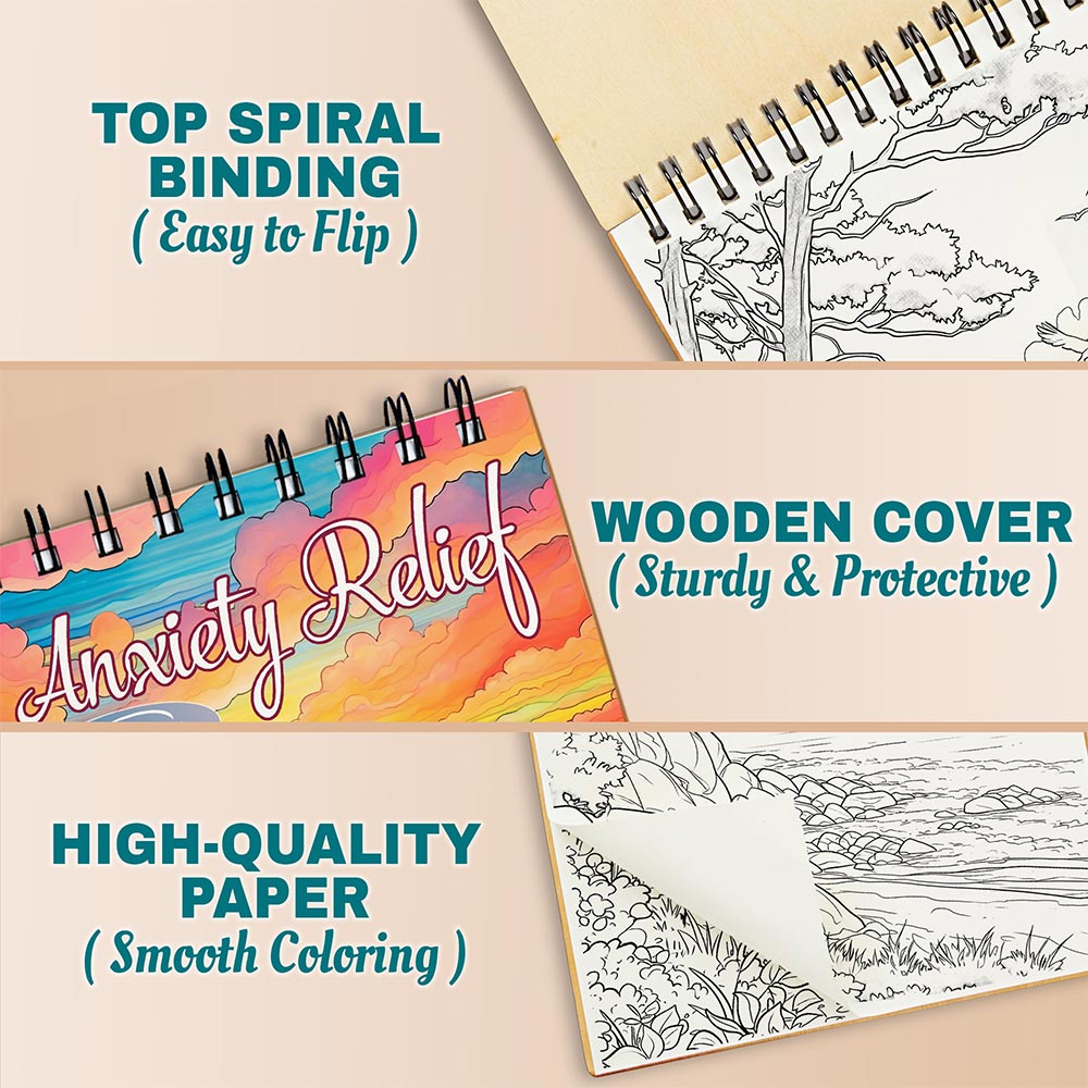 Anxiety Relief Coloring Book Spiral Bound For Adults, A5 Wooden Cover, 30 Tranquil Coloring Pages in Serene Mountain and River Scenes for Stress Relief and Relaxation