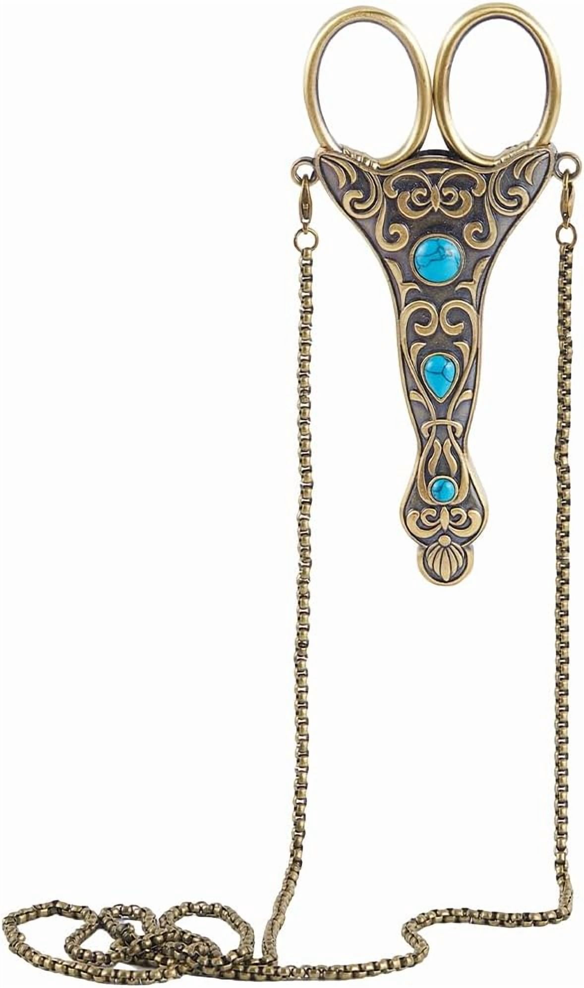 4 Inch 1pc European Scissors Small Sewing Scissor Chains Turquoise Embroidery Style Stainless Steel Necklace Blade Shears for Cutting Fabric Needlework Tools Craft Supplies Women Adult Bronze