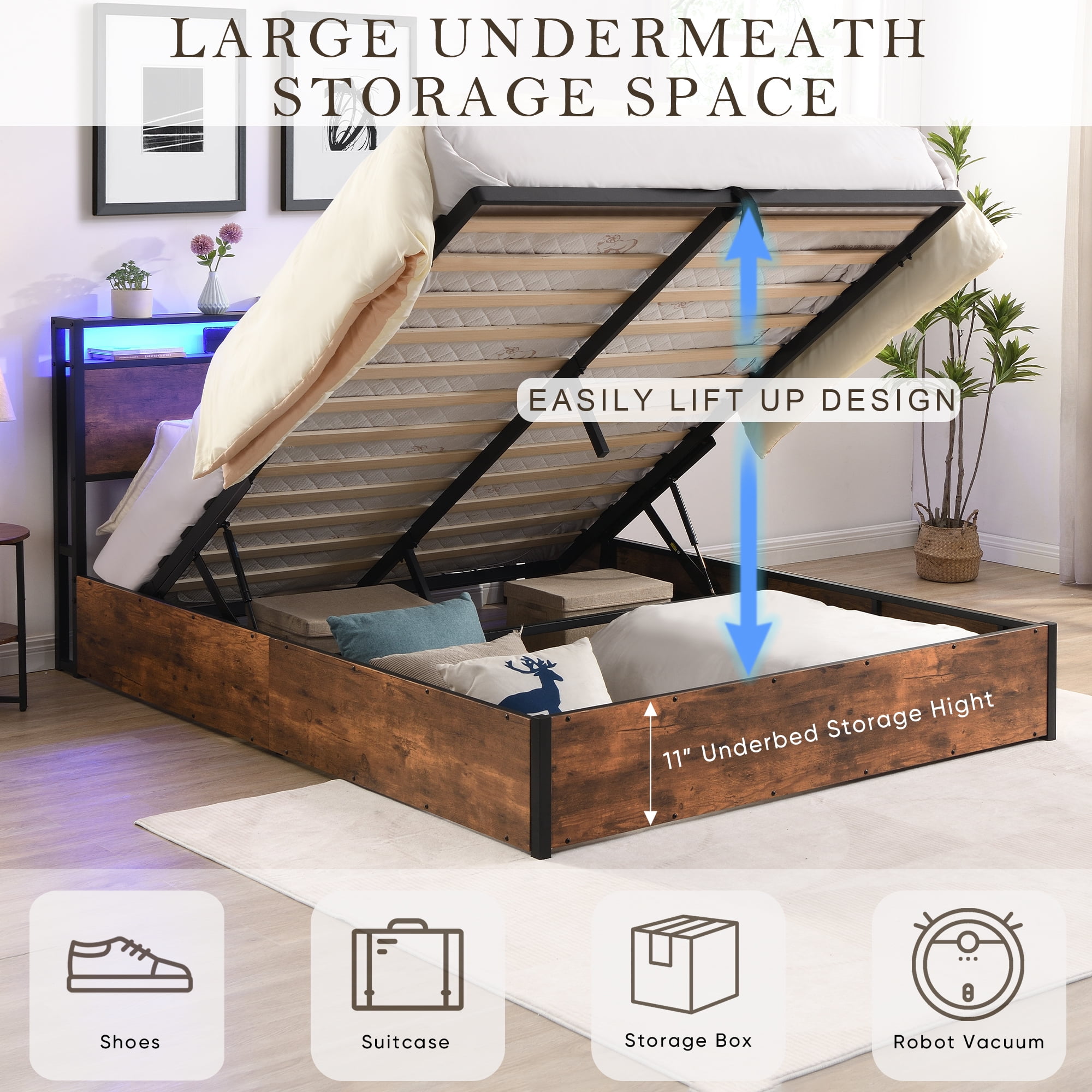 Miniyam Full Size Lift-Up Storage Bed with LED Lights, Charging Ports for Adult,Rustic Brown