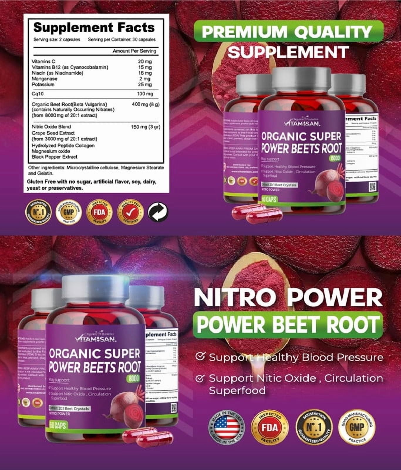 2 Pack Vitamisan Organic Beets Root | Nitric Oxide + CoQ10 | 120 Caps | Heart Health