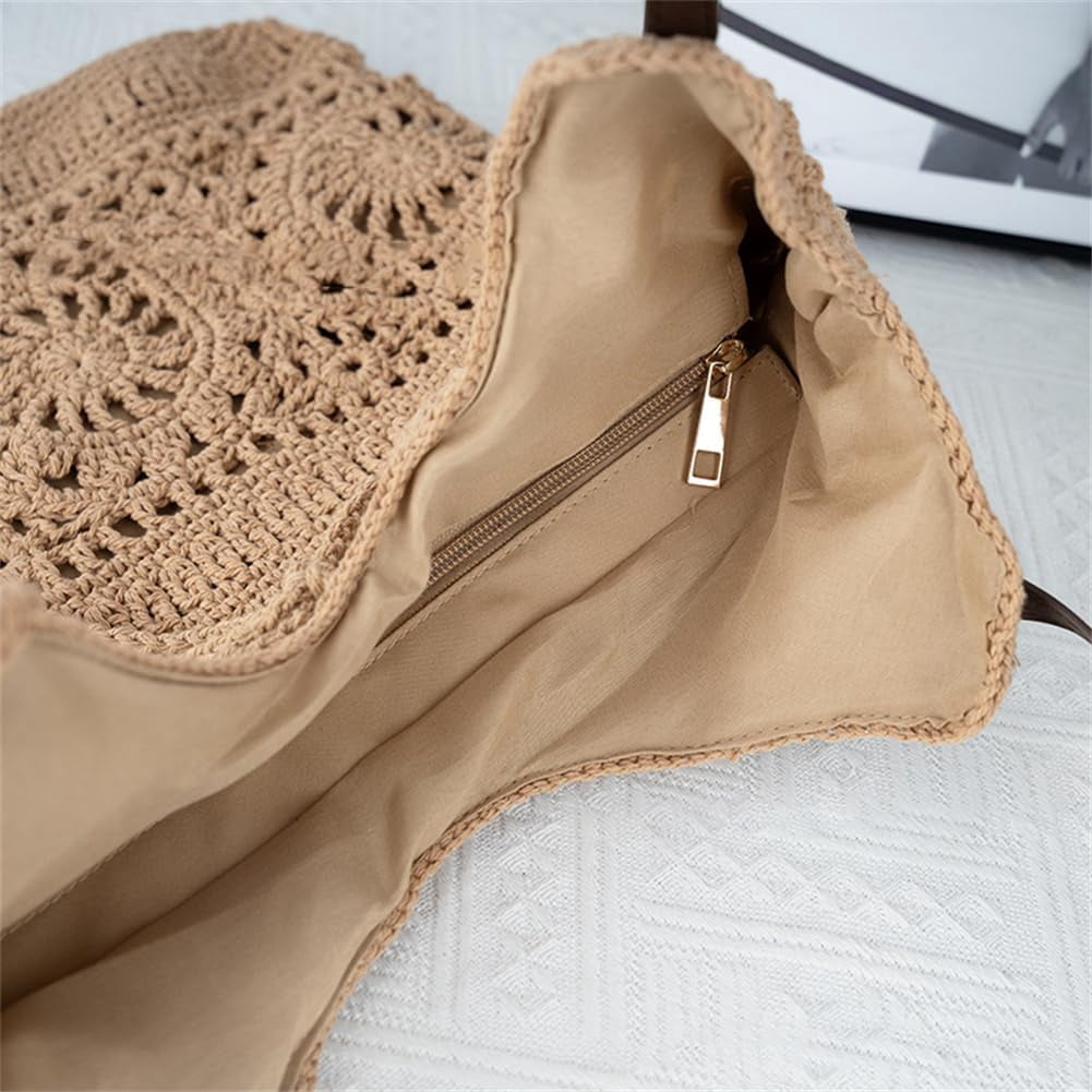 Boho Crochet Summer Handbag Handmade Cotton Rope Knit Shoulder Bags for Women Bohemia Tote for Travel Straw Hobo Bag