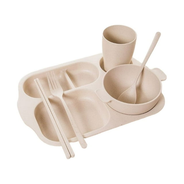 Naiovety 6 unids/set niños de cena dividido tazón taza de agua escuela niños vajilla compartimentos vajilla cubiertos tenedor Mostrada Beige