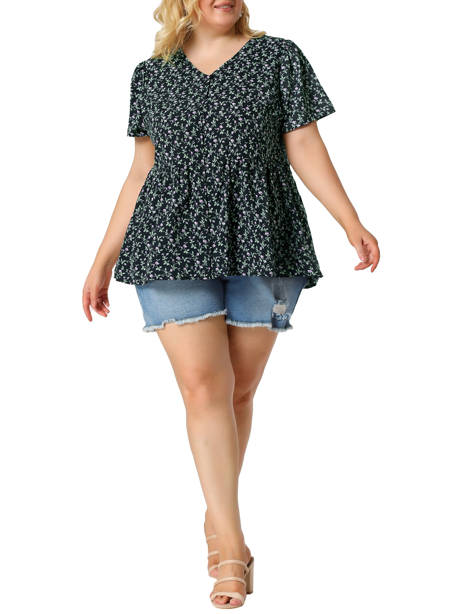 Unique Bargains Juniors' Plus Size V Neck Ruffle Hem Cinched Waist Floral Peplum Top 1X Navy