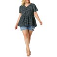 thumbnail image 2 of Unique Bargains Juniors' Plus Size V Neck Ruffle Hem Cinched Waist Floral Peplum Top 2X Navy, 2 of 7