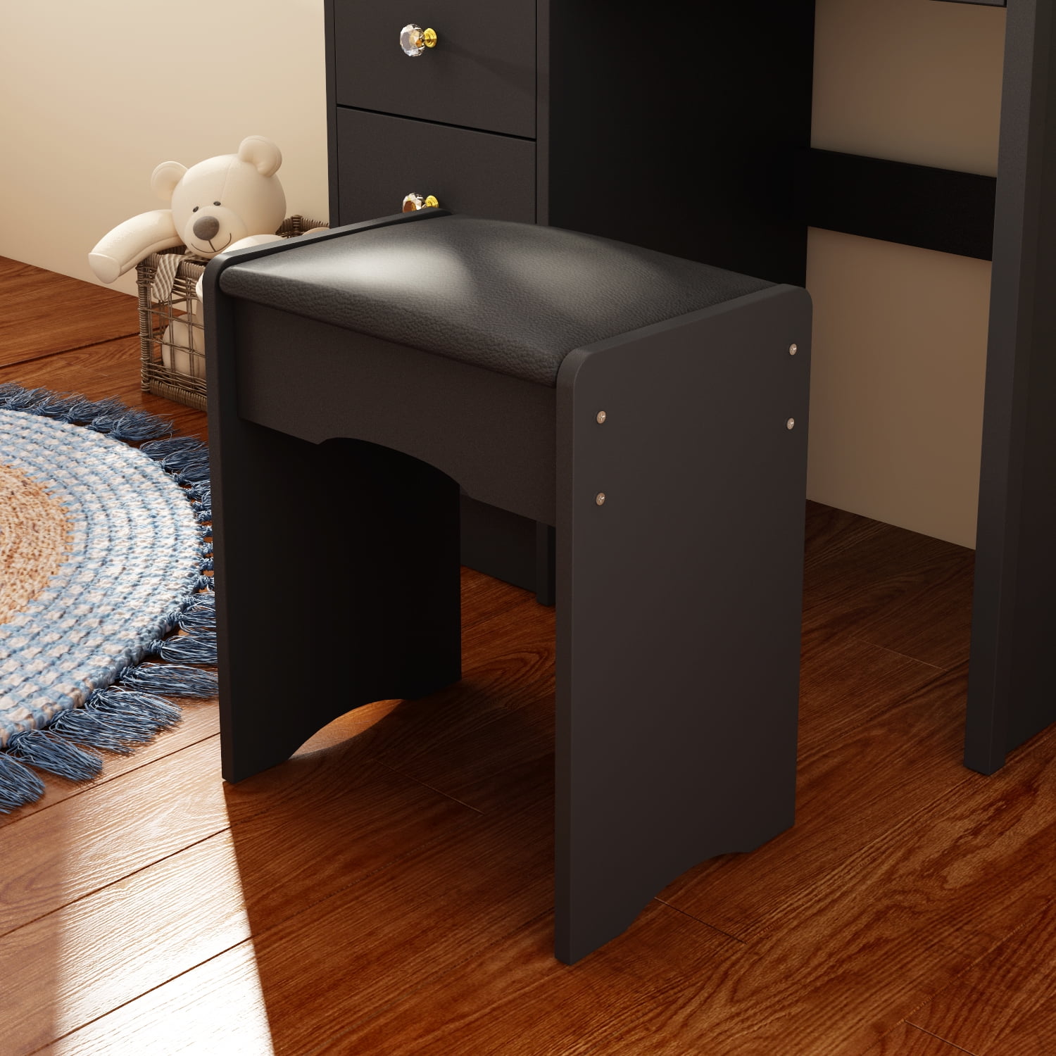 MONSLIPA Vanity Set with Mirror, Makeup Dresse Table with 5 Drawers and Open Shelves, Cushioned Stool ( Black )