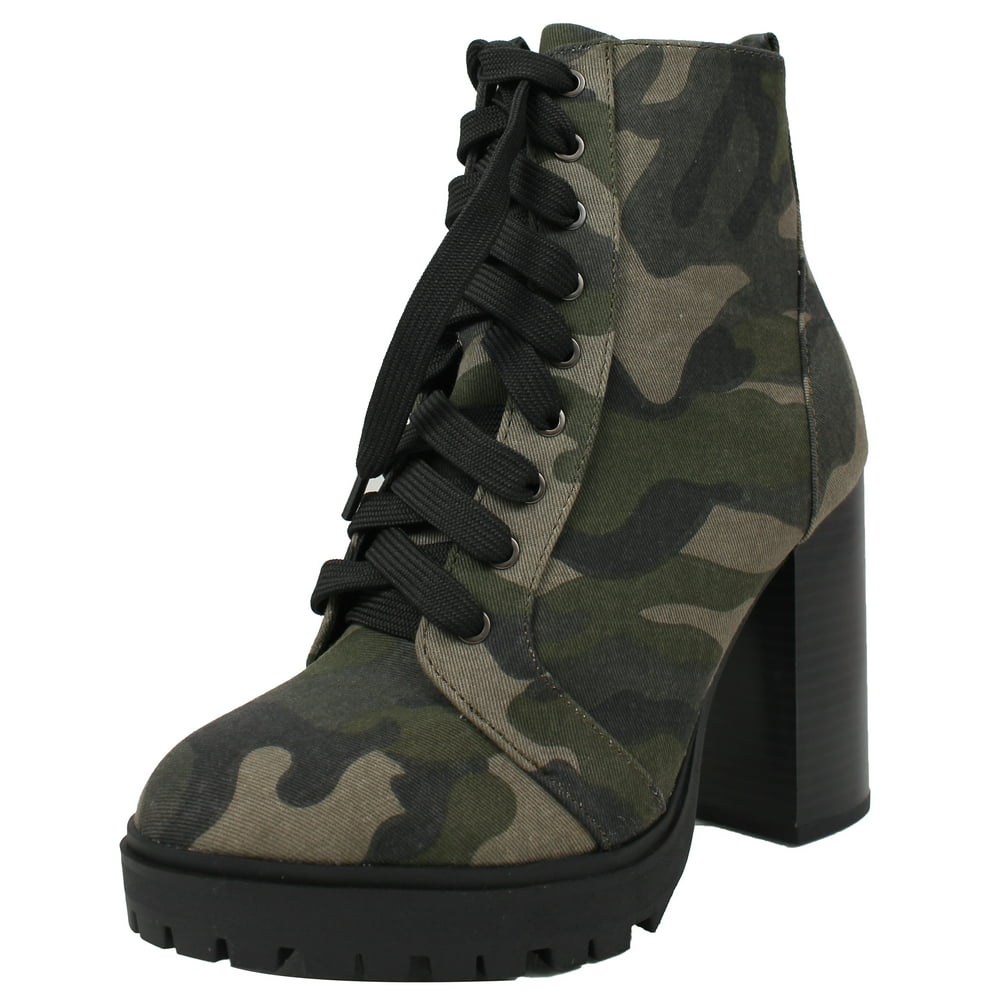 SODA - Soda Women's Military Combat Lace Up Lug Platform Chunky Block Heel Ankle Boot (Khaki